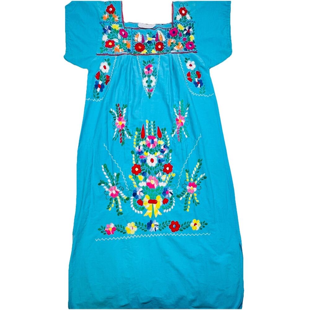Mexican Embroidered Dress Turquoise Hand Stitch Folk Boho Festival 100% Cotton L